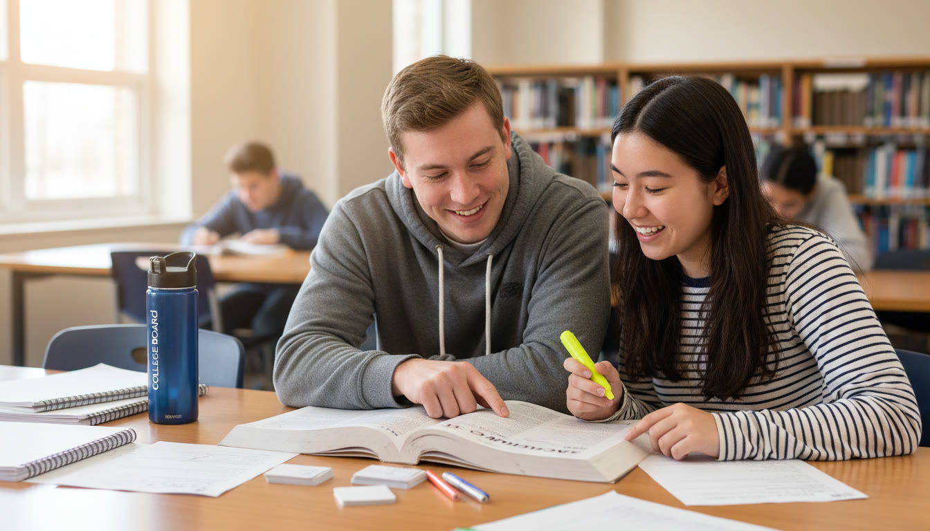 Photo Idea : A candid photo of a high school student and a junior sitting together at a library table, discussing notes, with one pointing to a textbook and both smiling—conveys personal connection and peer mentorship.