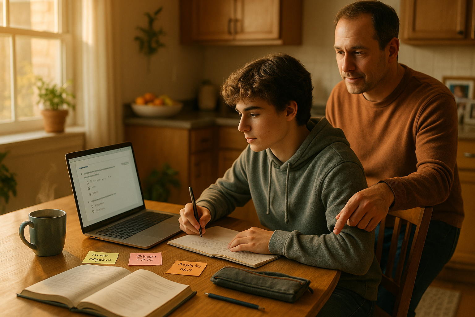 Photo Idea : A warm, candid photo of a high school student studying at a kitchen table with a parent nearby, a laptop showing practice questions, and sticky notes with goals — natural, hopeful energy.