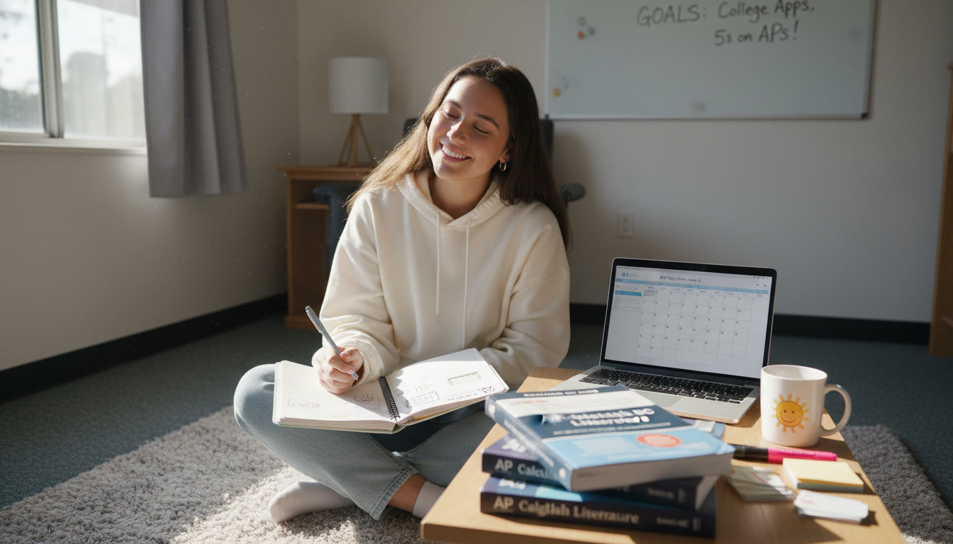 Photo Idea : A calm study scene with a student journaling next to open AP textbooks and a laptop, showing planning, reflection, and personalized study tools.