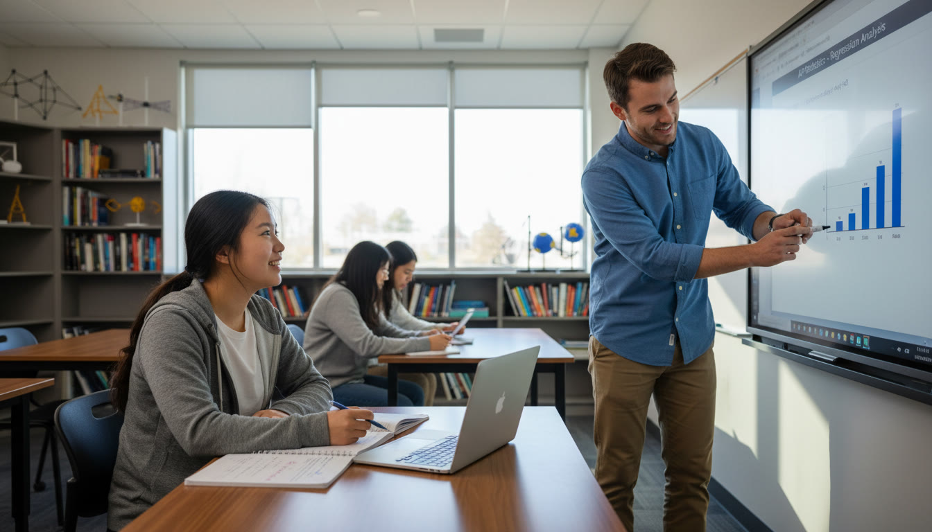 Photo Idea : A classroom scene showing a student interpreting a graph on a laptop while a tutor points to a statistic problem on a whiteboard — mood: collaborative and focused. Place this image near the top to emphasize real-world application and tutoring support.