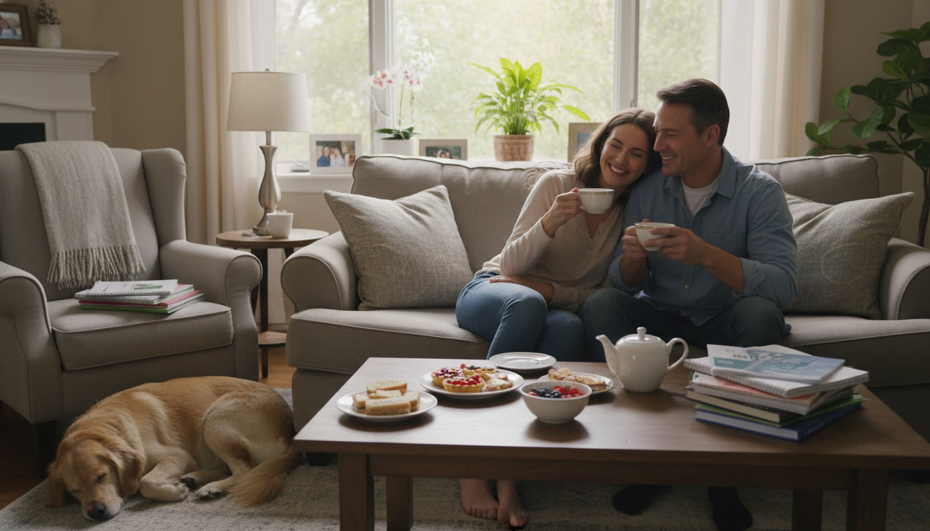 Photo Idea : A bright image of a family celebrating quietly at home after exam day with tea and light snacks, study notes tucked away — conveys relief and supportive togetherness.