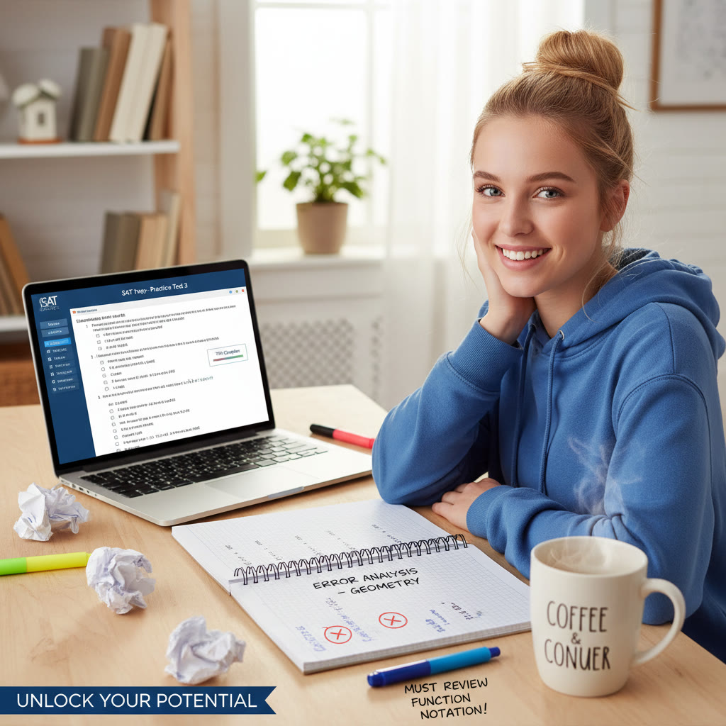 Student at a desk using a laptop and notebook side-by-side, showing a practice test on screen and handwritten error notes.