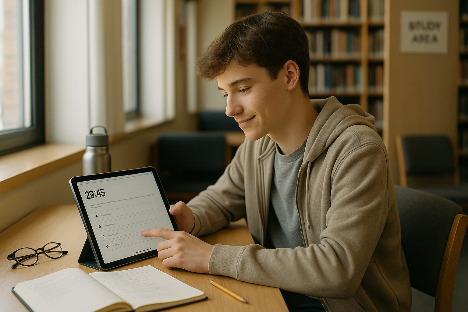Photo Idea : A calm, hopeful image of a teen taking a timed digital practice test on a tablet in a quiet library nook, showing concentration and focus, conveying the test-day environment.