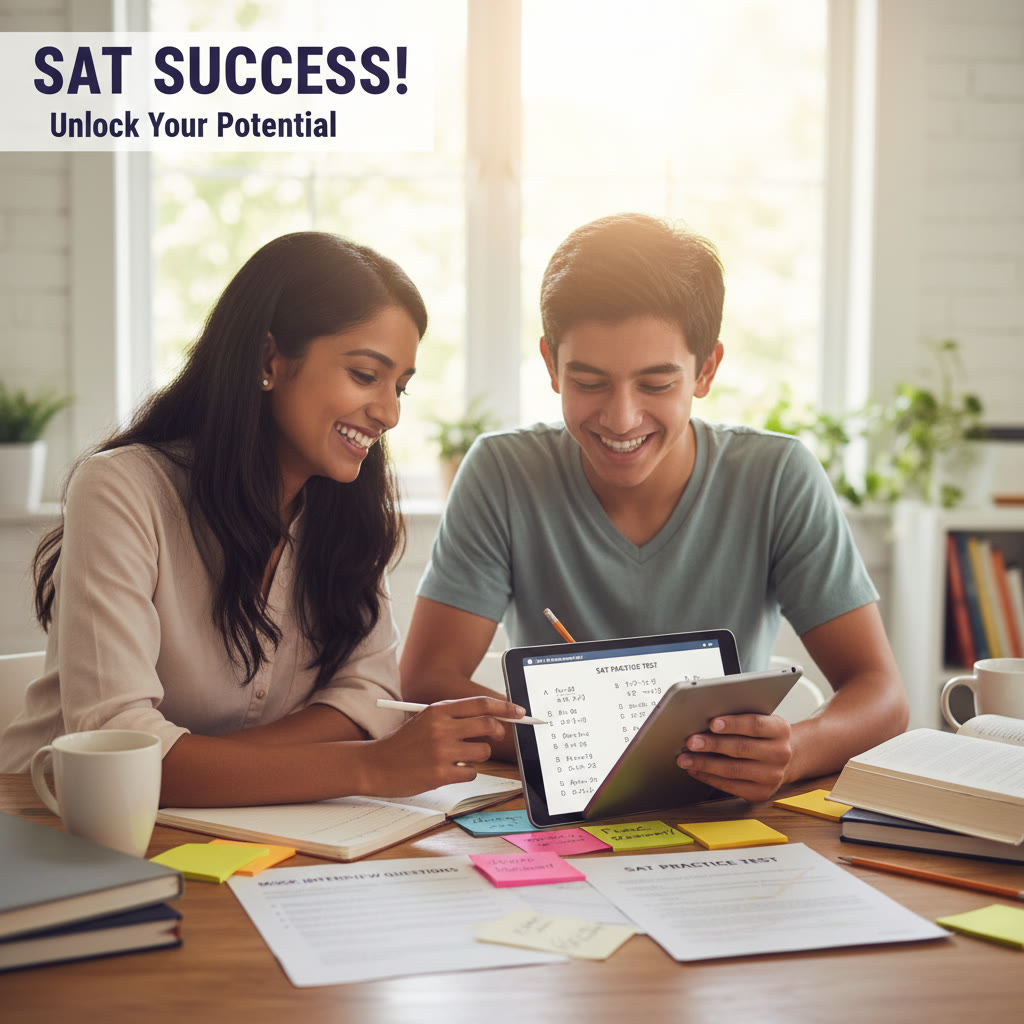 Photo Idea : A tutor and student sitting together over a tablet, reviewing practice problems with sticky notes and a printout of a mock interview question—bright, engaged atmosphere.