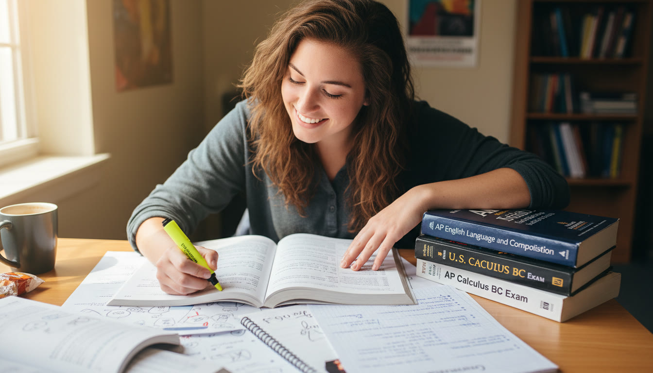 Photo Idea : A student at a desk with AP prep books and notes, mid-highlight, showing active study — visualizes the focused practice of crafting arguments.
