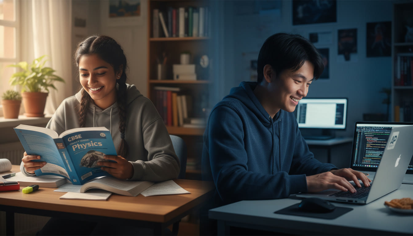 Photo Idea : A split-image of a student studying from a CBSE science textbook on one side and writing code on a laptop for AP Computer Science on the other — conveys the hybrid academic journey.