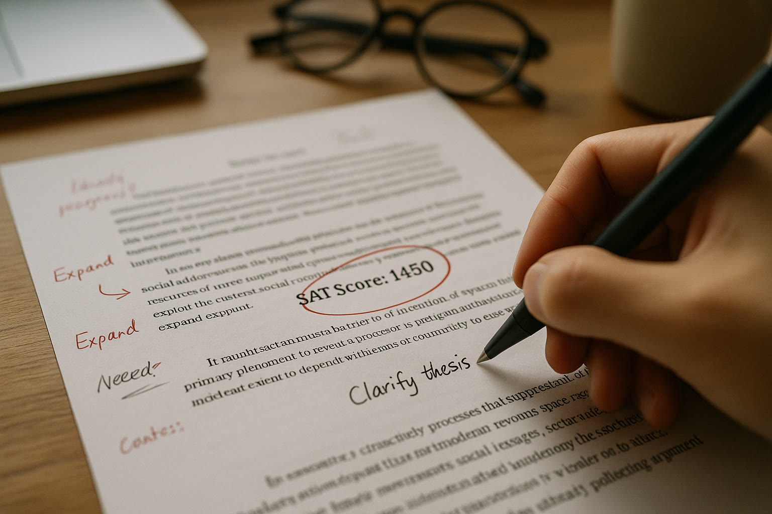 Photo Idea : A close-up of an essay draft with an SAT score line circled, a student’s hand holding a pen making a concise note — visualizing revision and reflection.