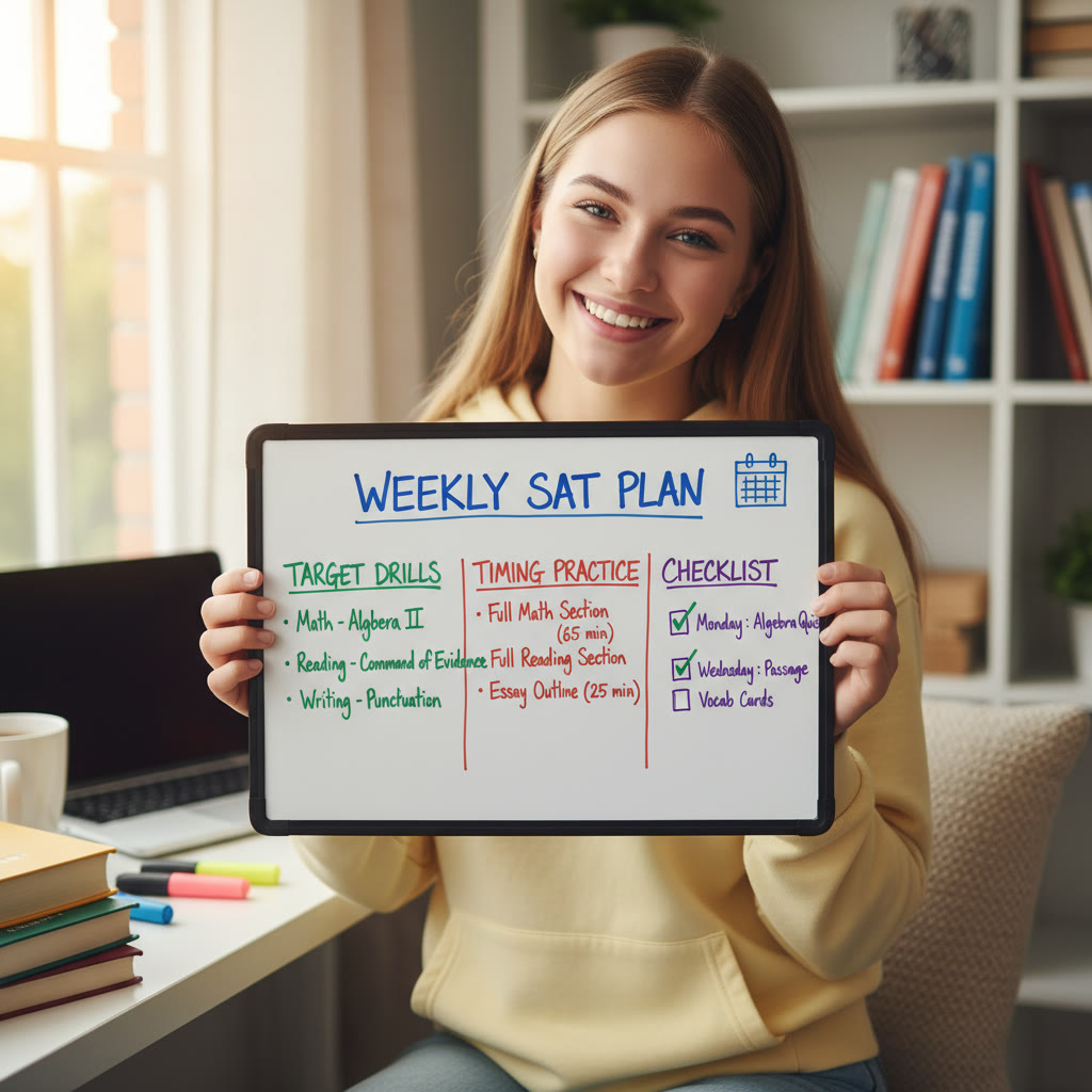 Photo idea: A small whiteboard showing a simple weekly plan: target drills, timing practice, and a checklist — visualizing structure and habit.