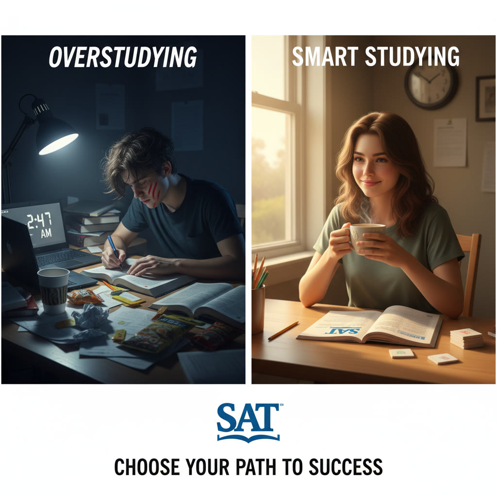 Photo idea: Two contrasting images side-by-side: a messy late-night cram session vs. a calm morning review with a cup of tea and a printed practice test — to visualize the difference between overstudying and smart studying.