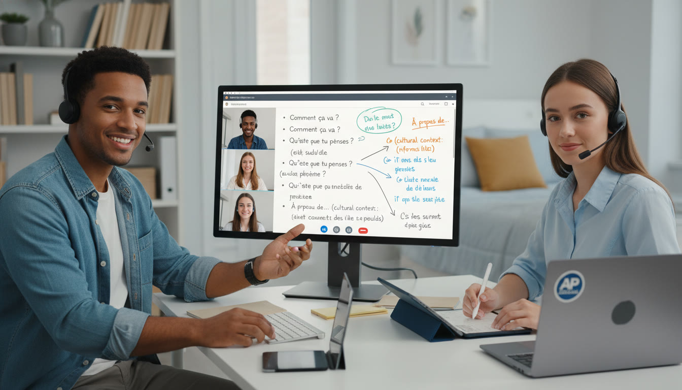 Photo Idea : A tutor and student on a video call practicing conversational phrases; the tutor uses a shared digital whiteboard with vocabulary and cultural notes — modern, engaged, showing technology as a practical tool.