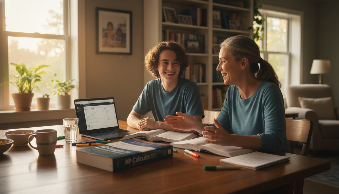 Photo Idea : A parent and teen at a kitchen table with open AP textbooks and a laptop, deep in discussion. The scene should feel warm and collaborative—late afternoon sunlight, coffee mug nearby—emphasizing partnership and focus.
