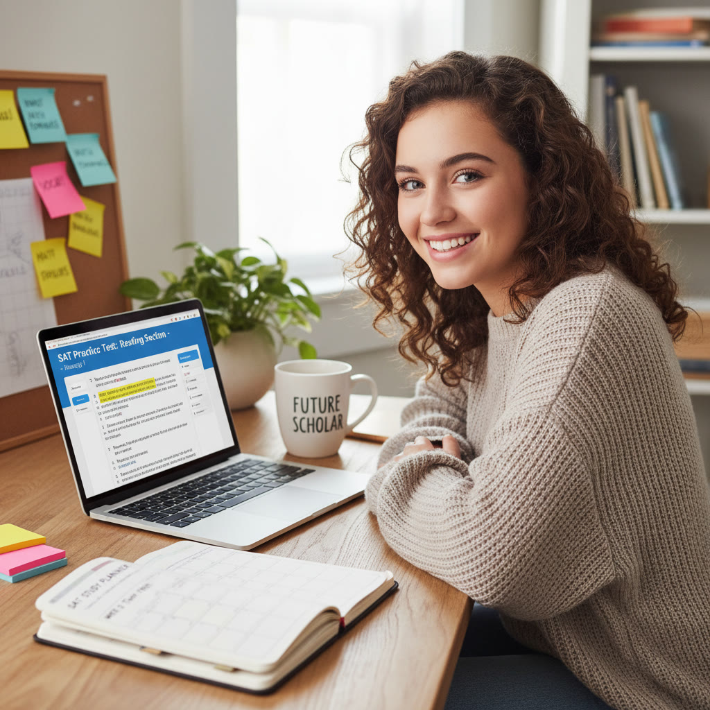 Photo Idea : A high school student in a quiet study corner, laptop open with a digital SAT practice test on screen, sticky notes and a planner nearby — visualizing focus and modern test prep.