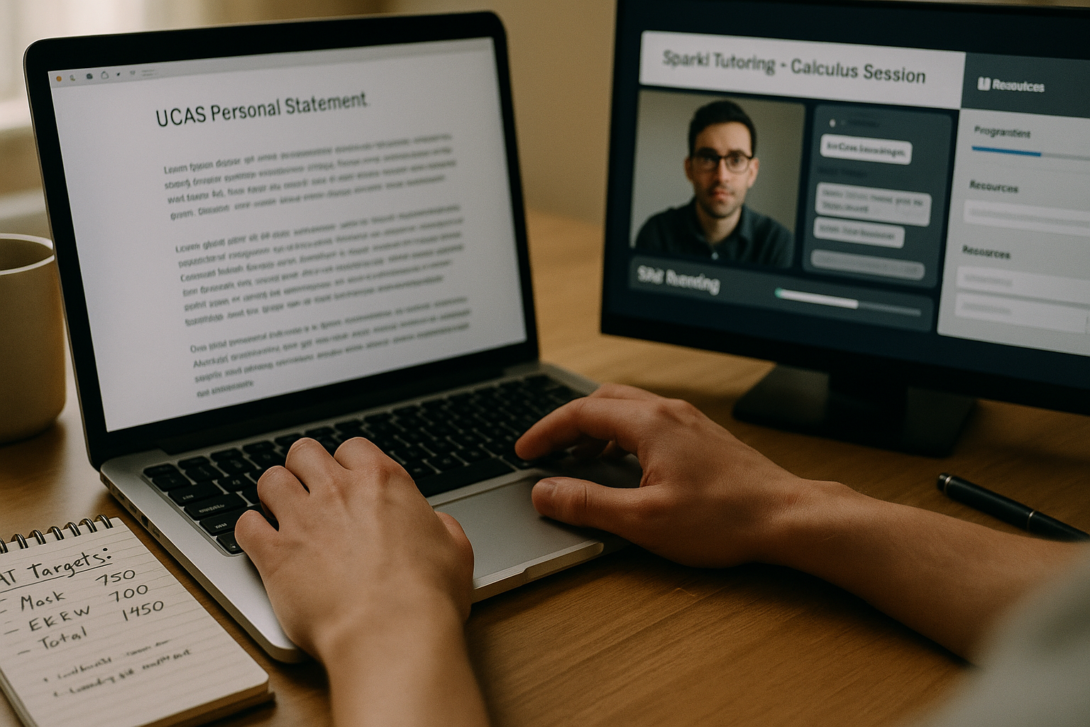 Photo Idea : A close-up of a student typing a UCAS personal statement on a laptop, with a notepad showing SAT target scores and a Sparkl tutoring session open on a second screen.