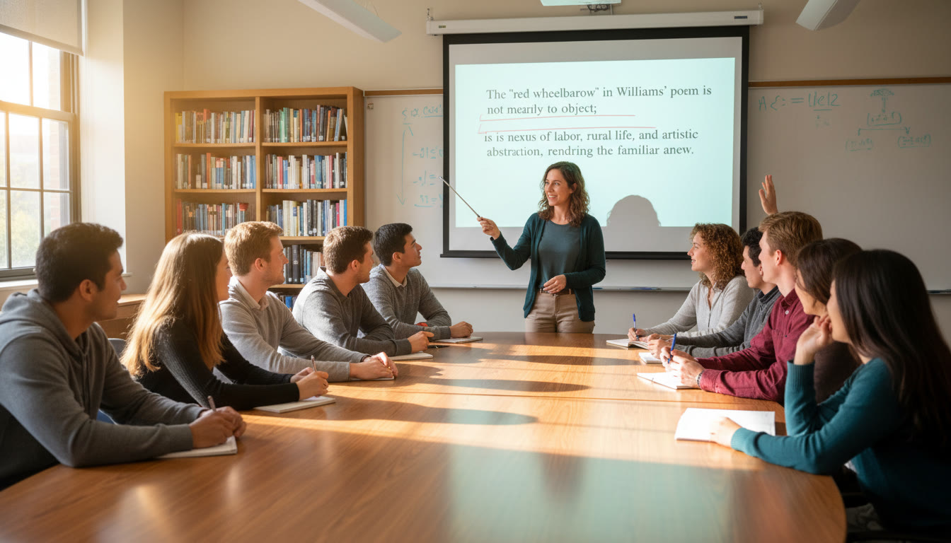 Photo Idea : A college classroom in session: students in a small seminar around a table, a professor pointing at a projected close reading passage—evokes the kinds of on-campus writing experiences AP preparation can unlock.