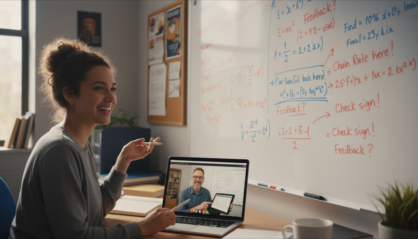 Photo Idea : A quiet study scene of a student and an online tutor on a video call, with a whiteboard of equations and annotations visible — to illustrate personalized tutoring and feedback in action.