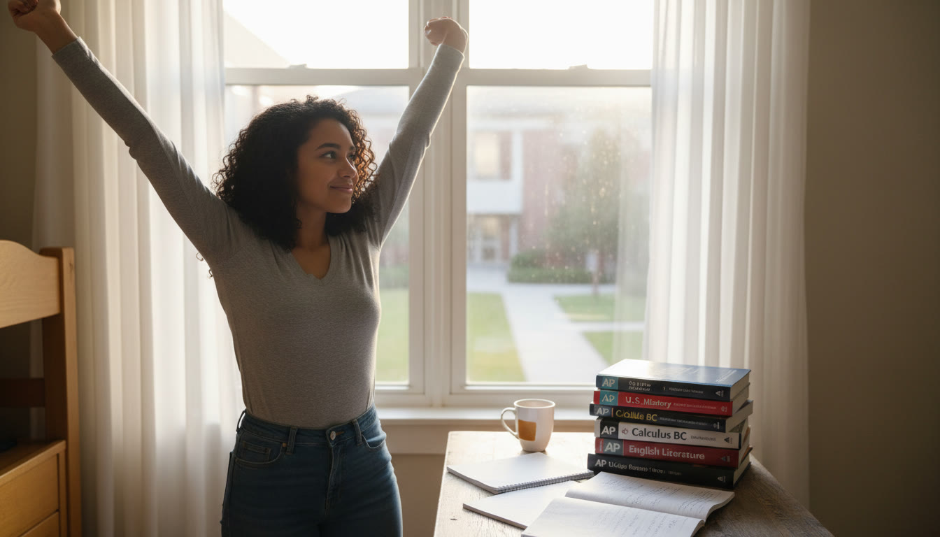 Photo Idea : A mid-study scene: a student standing at a window doing light stretches with a stack of AP review books on a desk nearby—natural morning light, relaxed but focused expression.