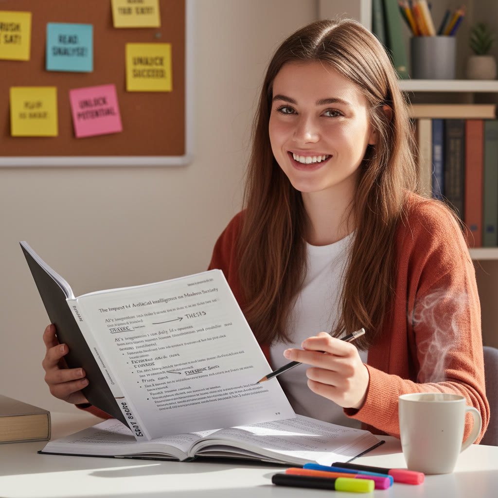 Student's annotated passage with clear shorthand notes, arrows pointing to thesis and evidence, and short paragraph summaries in the margins
