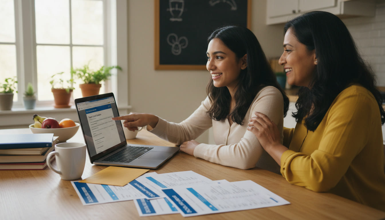 Photo Idea : A confident student and parent reviewing a college transfer credit evaluation at a kitchen table, with AP score reports and a laptop open to a college portal. Natural light, warm tones, candid moment to show partnership and planning.