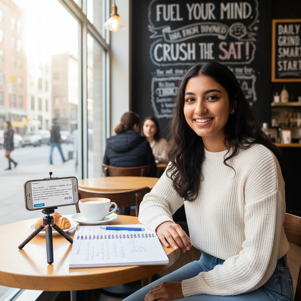 A high-resolution photo of a student sitting at a small cafe table with a smartphone propped up showing a timed SAT Reading passage, a notebook open with notes beside it, and a relaxed, focused expression.