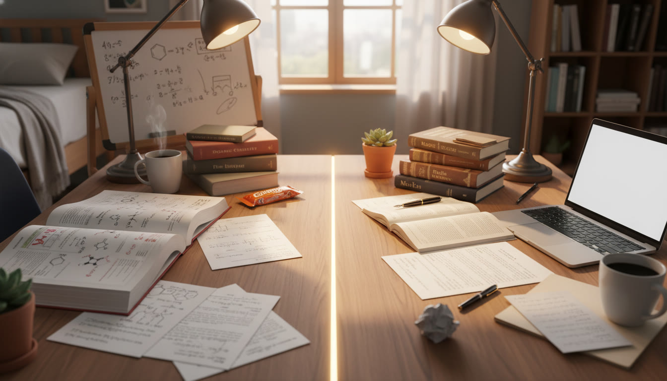 Photo Idea : A study desk split into two halves, one labeled 