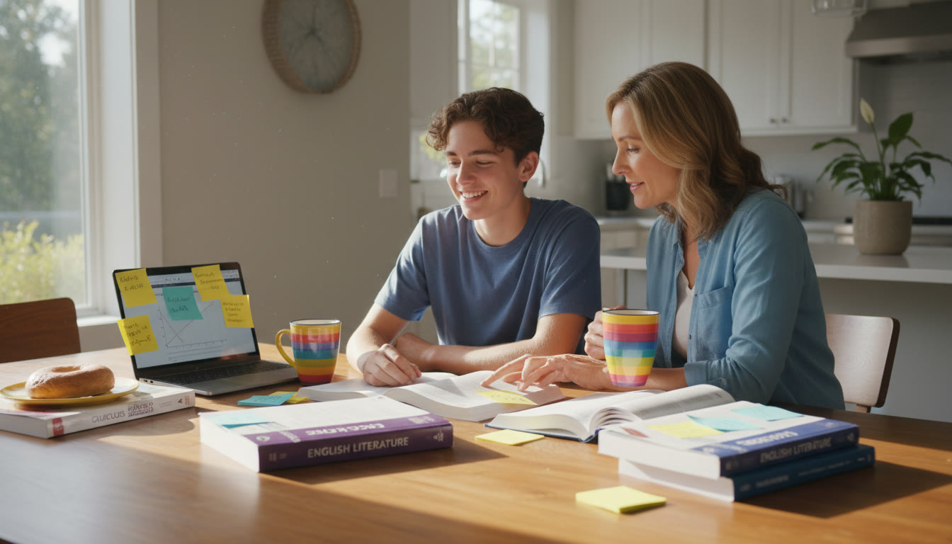 Photo Idea : A sunny kitchen table scene of a teenager studying with a parent nearby, AP textbooks open, sticky notes and a laptop—natural, supportive atmosphere.