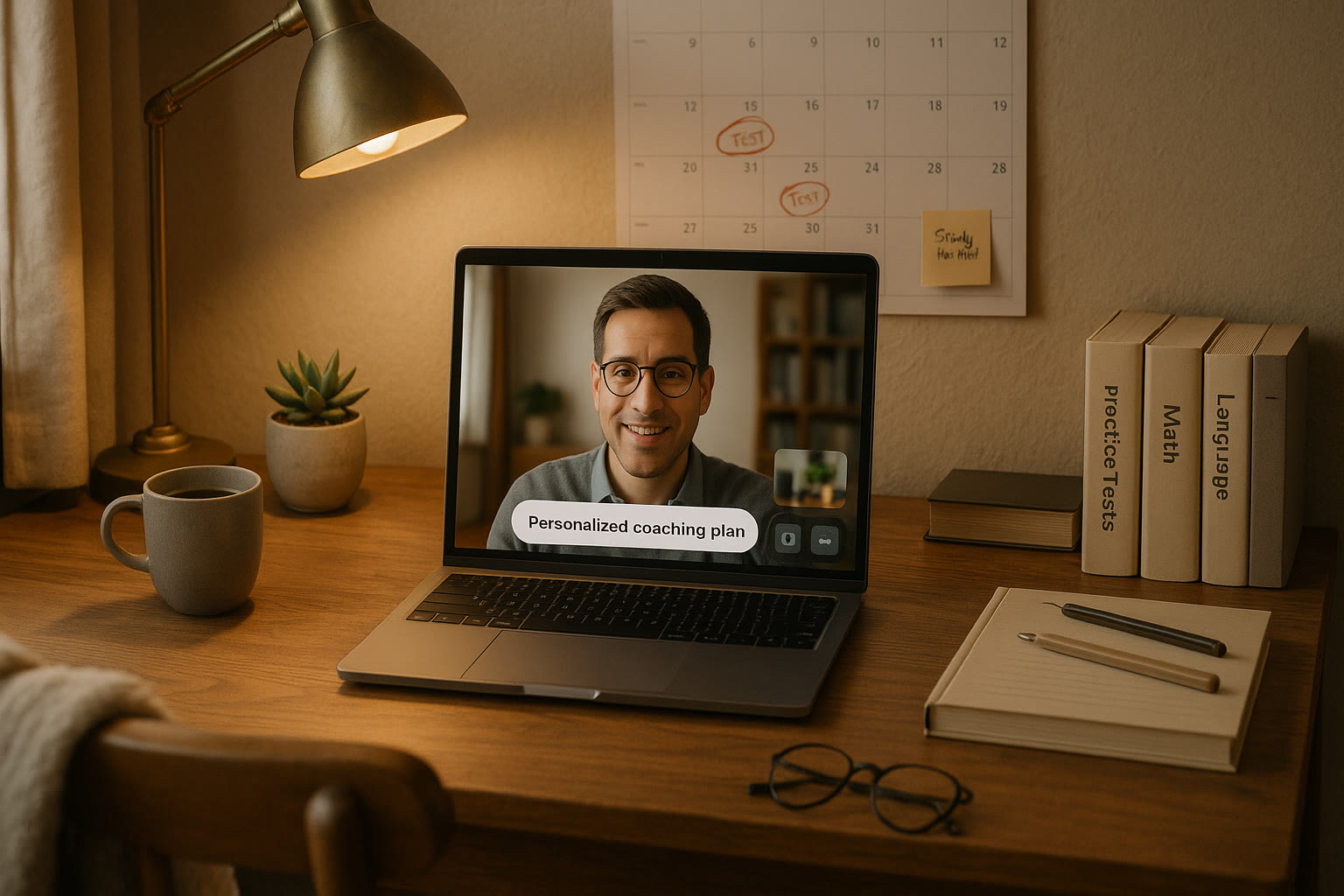 Photo Idea : A cozy study corner with a calendar pinned to the wall showing test dates circled, practice books stacked neatly, and a laptop with a virtual tutor on screen to suggest personalized coaching.