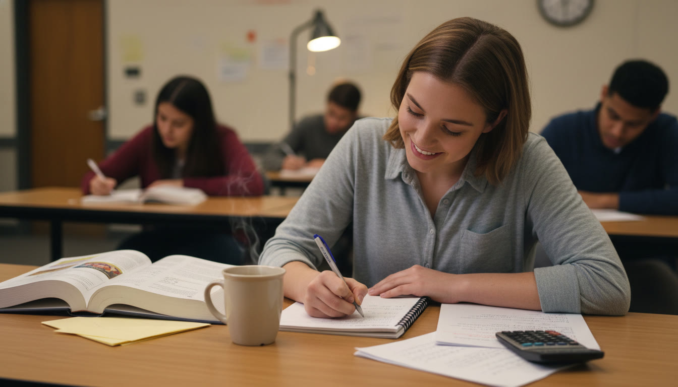 Photo Idea : A close-up shot of a student writing a free-response answer at a desk with a physics textbook, a neat diagram on the page, and a cup of coffee — conveys focused practice and real exam atmosphere.