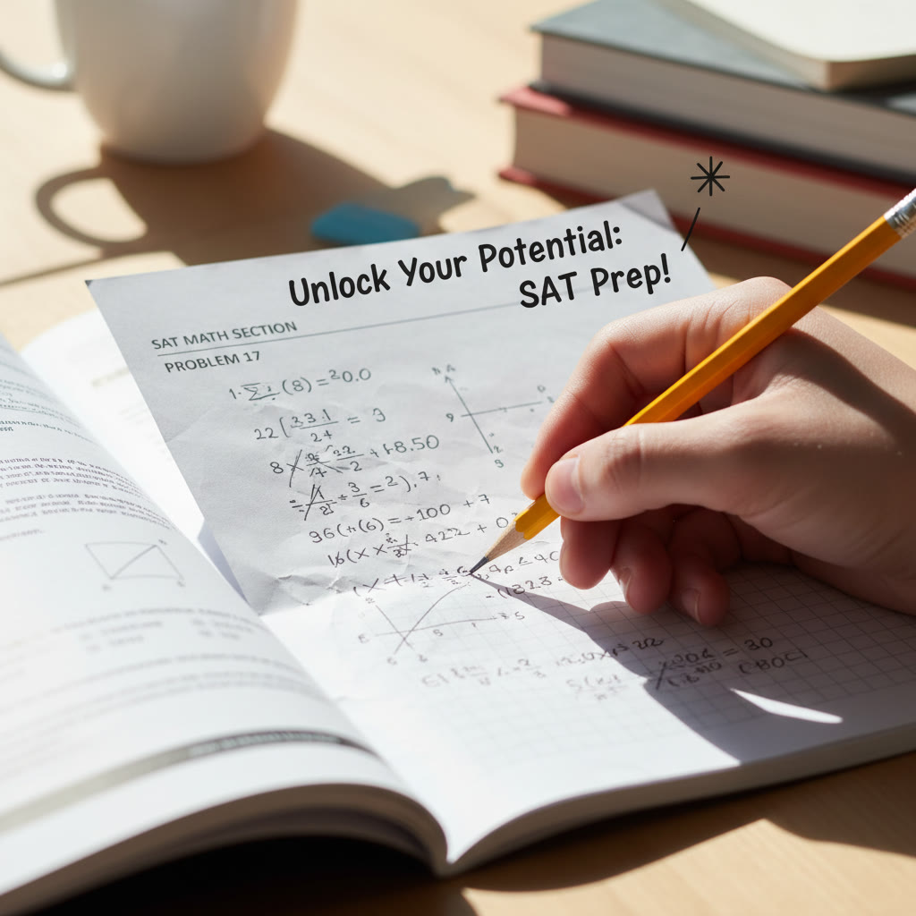A close-up of a student’s hand making quick notes on scratch paper while solving an SAT math problem, suggesting mental strategies and pencil-scratch coordination.