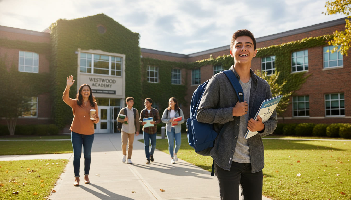 Photo Idea : A bright, hopeful image of a student walking into a school building carrying a backpack, with a parent waving from the sidewalk—suggests readiness and support for exam day.