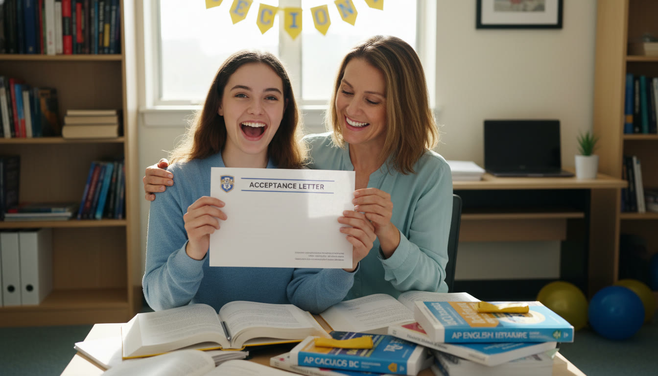 Photo Idea : A celebratory scene near the article's close — a student receiving an offer letter while a parent looks on proudly; symbolizes the payoff of preparation and strategic use of AP results.