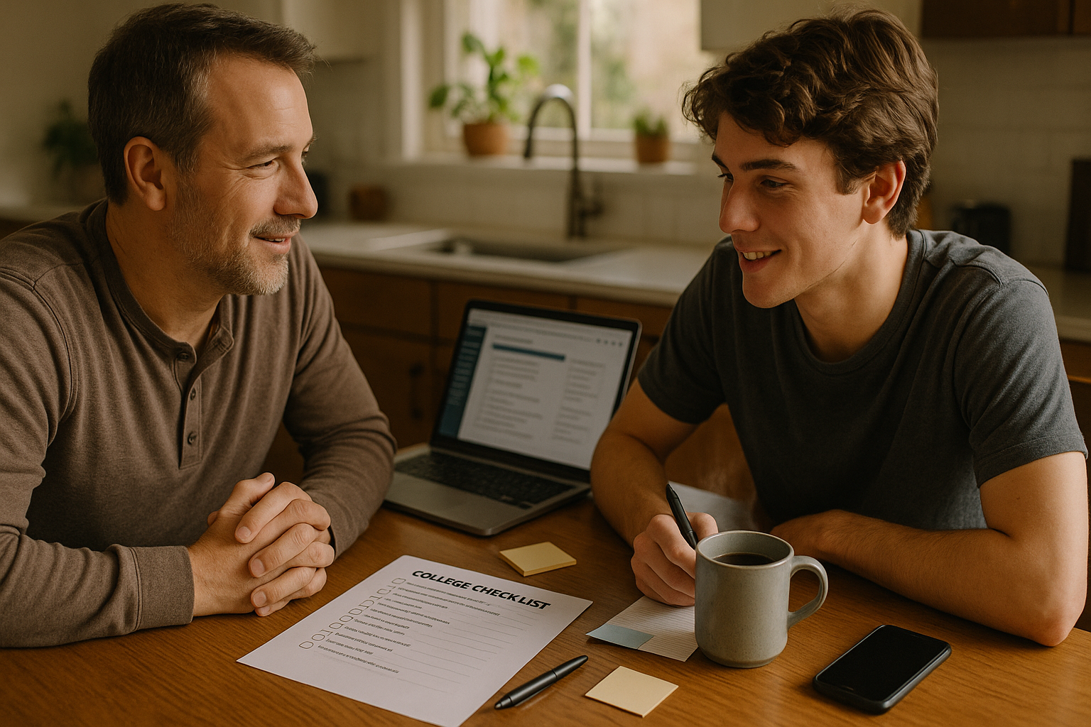 Photo Idea : A candid photo of a parent and high-school senior sitting at a kitchen table with a laptop, a college checklist, and a comforting mug — capturing a calm planning conversation.