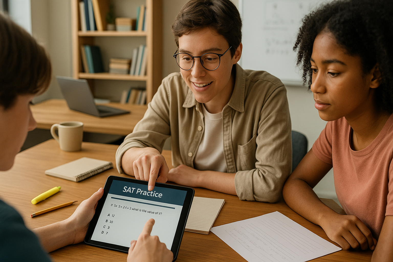 Photo Idea : A photo of a small group tutoring session with a student working on a digital tablet showing SAT practice questions, with a tutor pointing to the screen—conveys focused preparation and modern digital practice.