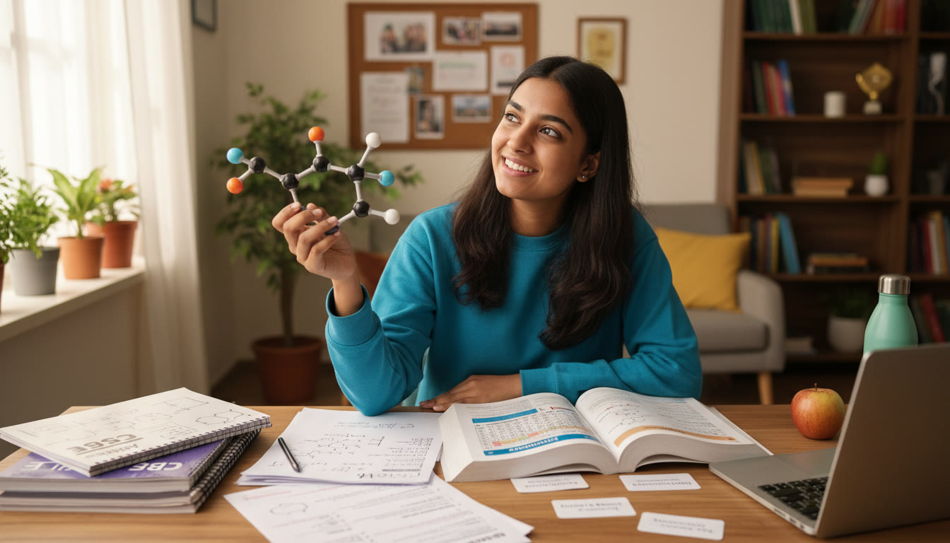 Photo Idea : A student at a desk surrounded by CBSE notes and an AP Chemistry textbook, mid-thought with a molecular model in hand — capturing the transition from one curriculum to another.