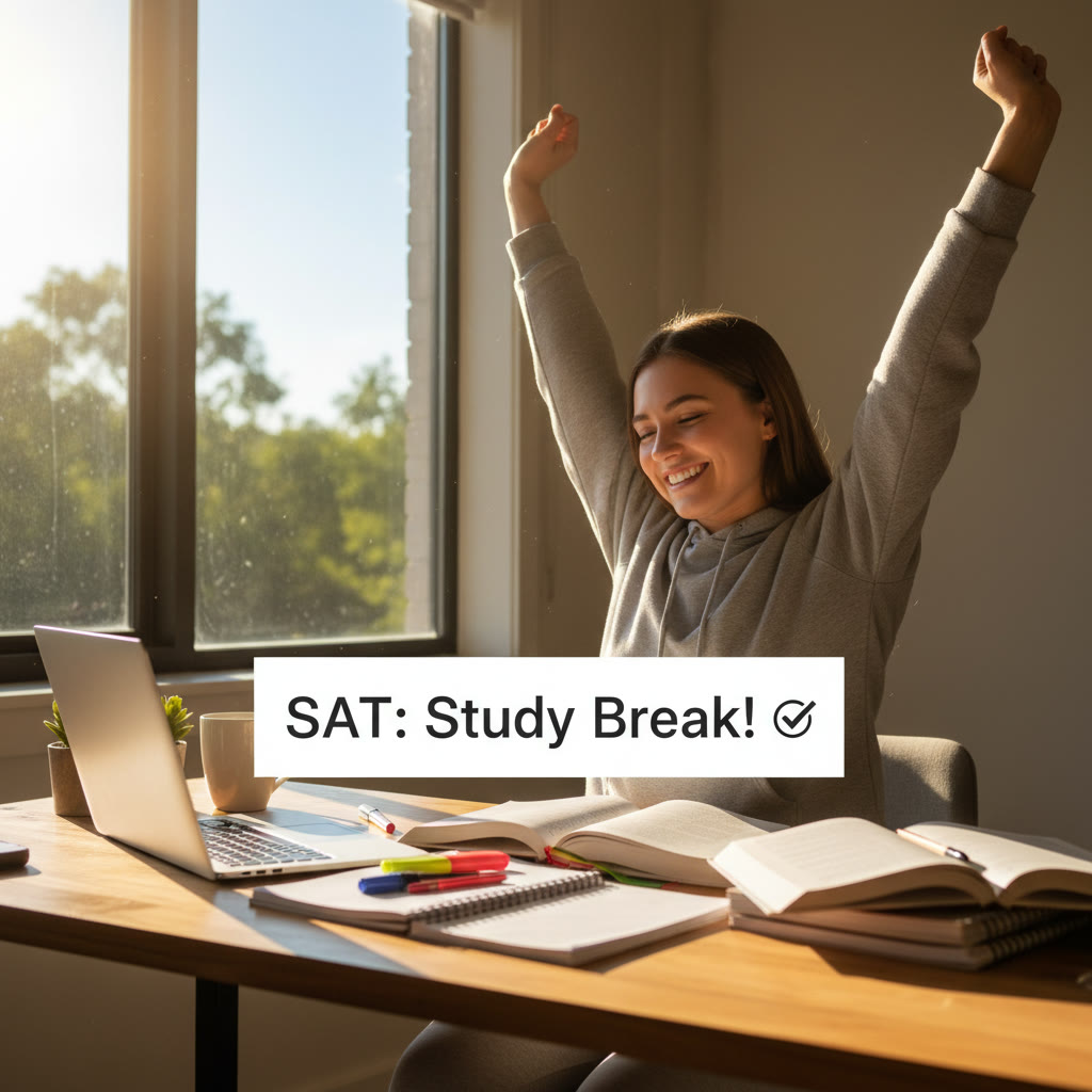 A student stretching and smiling at a sunlit desk between study sessions