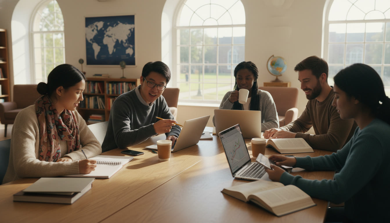 Photo Idea : A bright study group scene in a university-style common room — a mix of students with laptops and notebooks, one student pointing at a graph while another takes notes, evoking collaborative learning and international ambition.