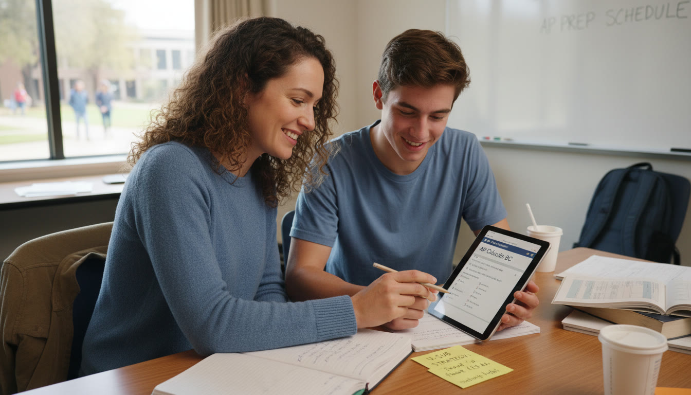 Photo Idea : A tutor and teen working side-by-side with a tablet showing practice questions; the tutor points to a strategy note while the teen takes notes—a candid, encouraging moment.