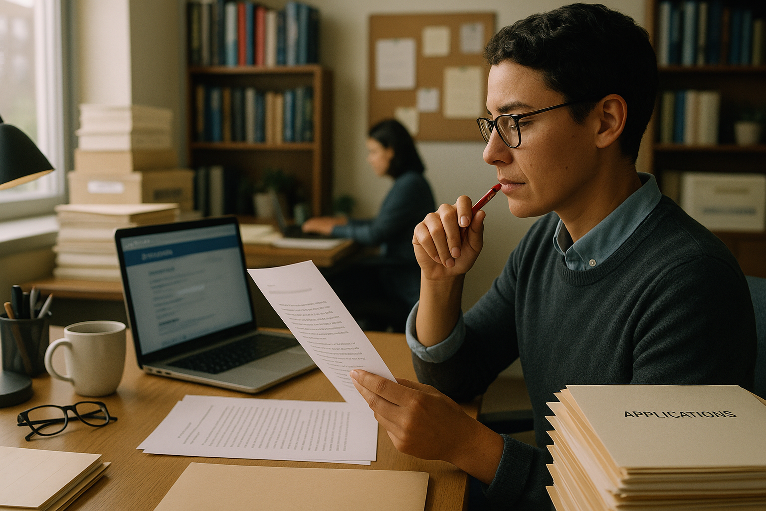 Photo Idea : A college admissions reviewer at a desk, papers and a laptop open, thoughtfully reading a student essay — conveys careful, human evaluation behind the scenes.