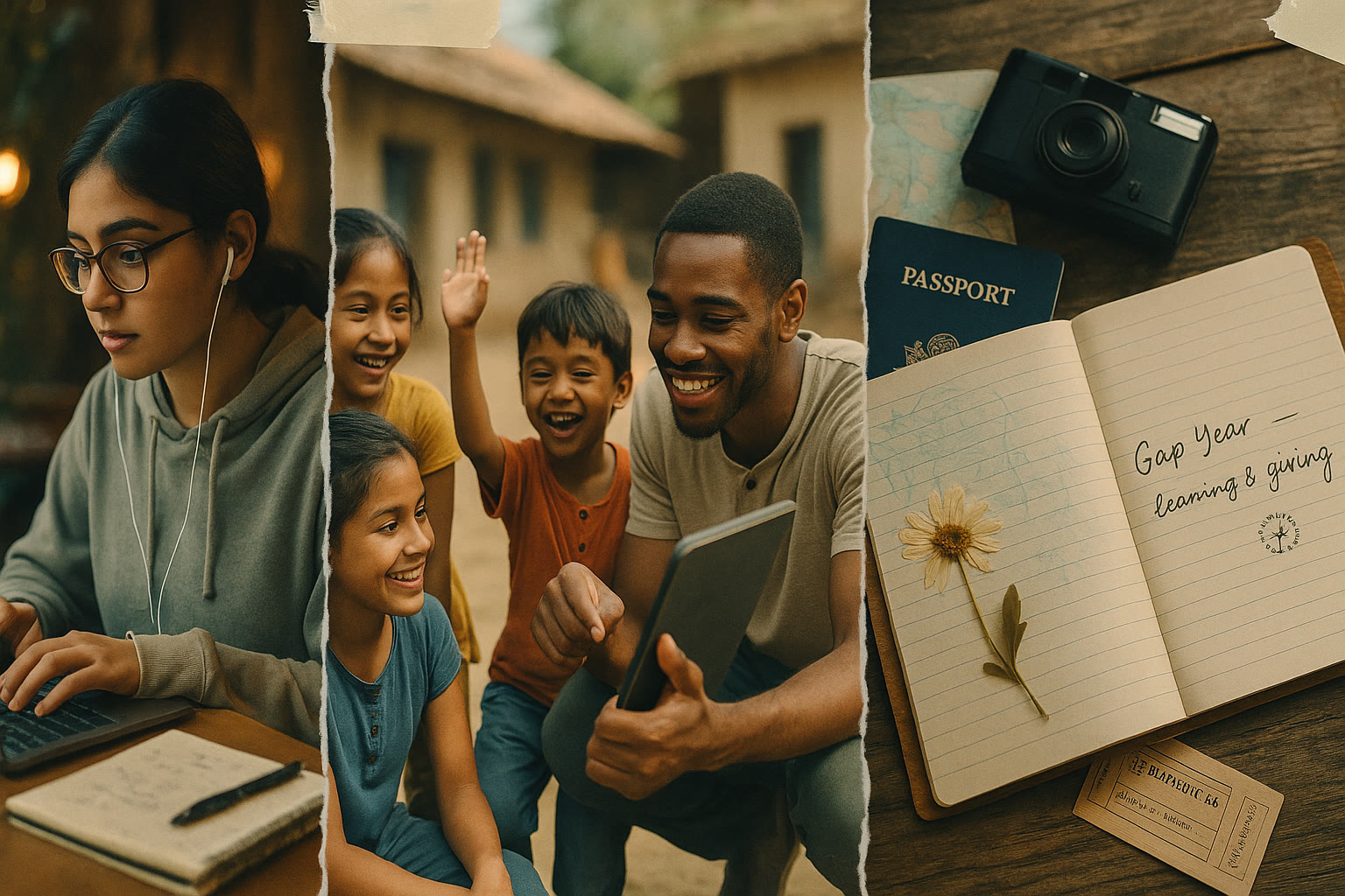 Photo Idea : Collage-style image showing a student coding on a laptop, another student teaching local kids, and a handwritten travel journal — represents a diverse, purposeful gap year.
