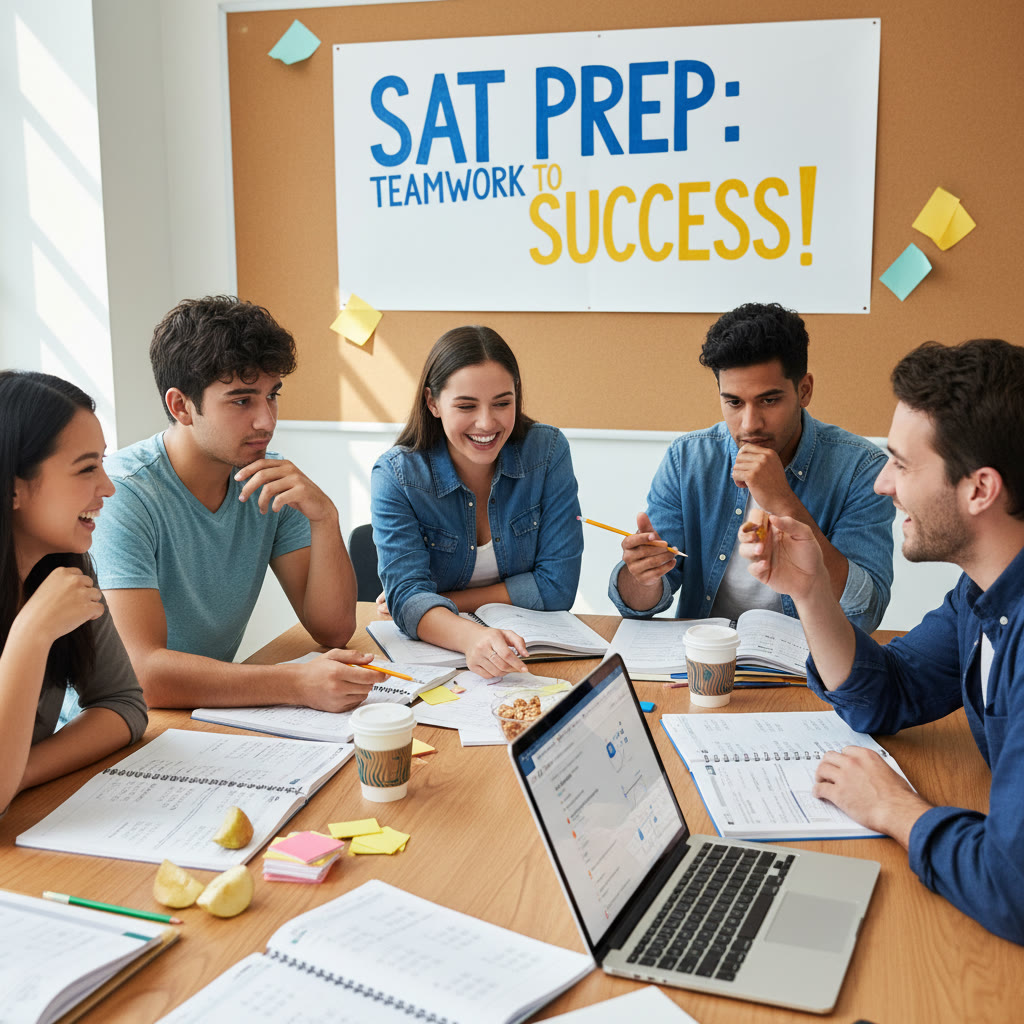 Students sitting around a table with practice tests and laptops, animatedly discussing a math problem — captures teamwork and active problem solving.