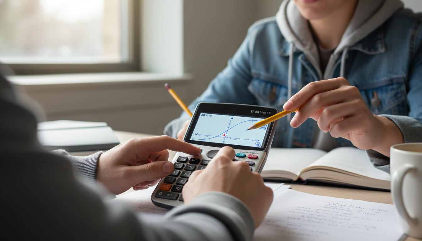 Photo Idea : A close-up of hands on a graphing calculator (TI or similar), display showing a clean graph with axes and a highlighted point โ natural classroom lighting, shallow depth-of-field to convey focus and calm.
