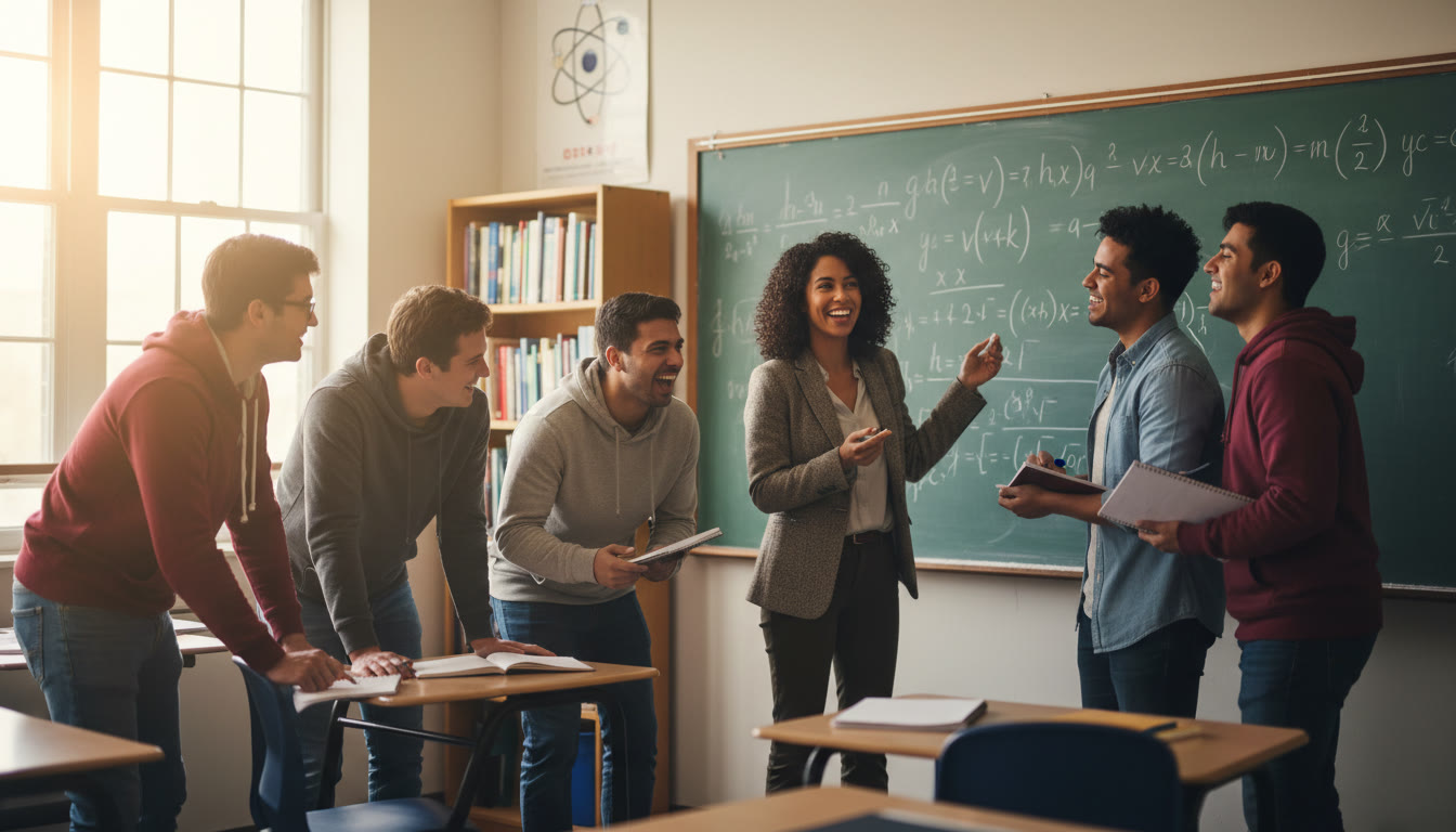 Photo Idea : A candid scene of a first-year college classroom discussion with a small group of students and a professor at a chalkboard full of equations — suggests the kinds of upper-level opportunities AP placement can open.