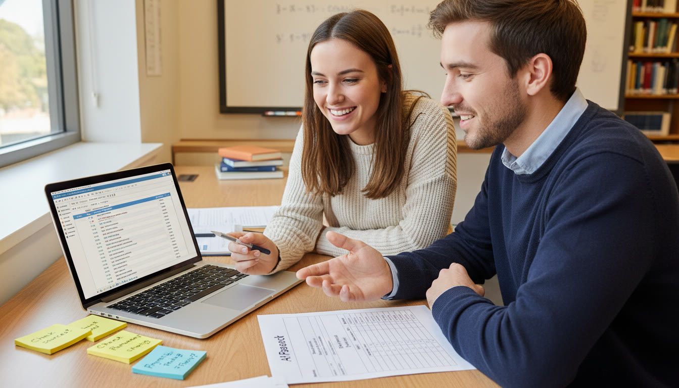Photo Idea : A student and a tutor working over a laptop screen showing a citation manager interface, with sticky notes and a printed rubric nearby — conveys personalized guidance and hands-on learning.