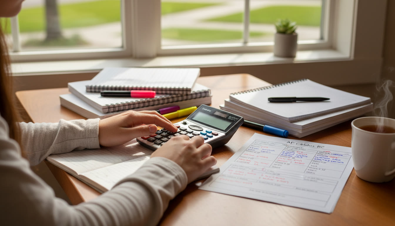 Photo Idea : A close-up of a student’s hands on a calculator in a peaceful study nook, surrounded by neatly organized notes and a tutor’s annotated practice worksheet—emphasizing preparation and calm focus.