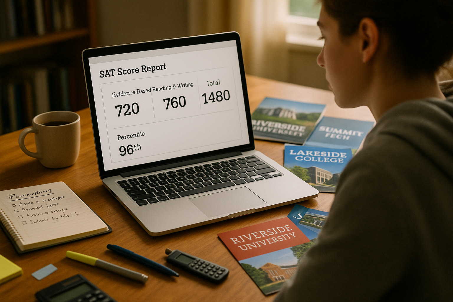 Photo Idea : A student at a desk viewing their digital SAT score report on a laptop, surrounded by college brochures and a notebook with a plan.