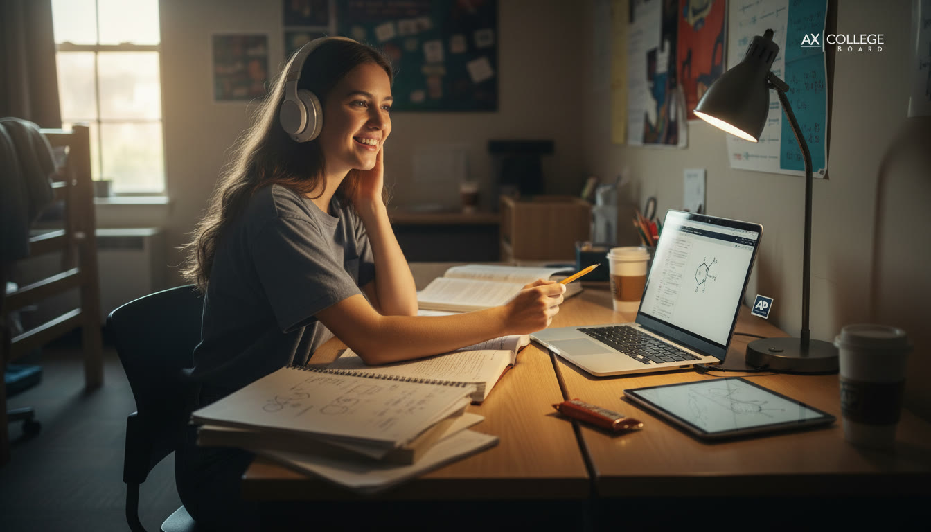 Photo Idea : A student mid-study with headphones and a split desk: paper notes on one side, laptop with flashcards on the other—dynamic, energetic lighting to suggest focus in motion.