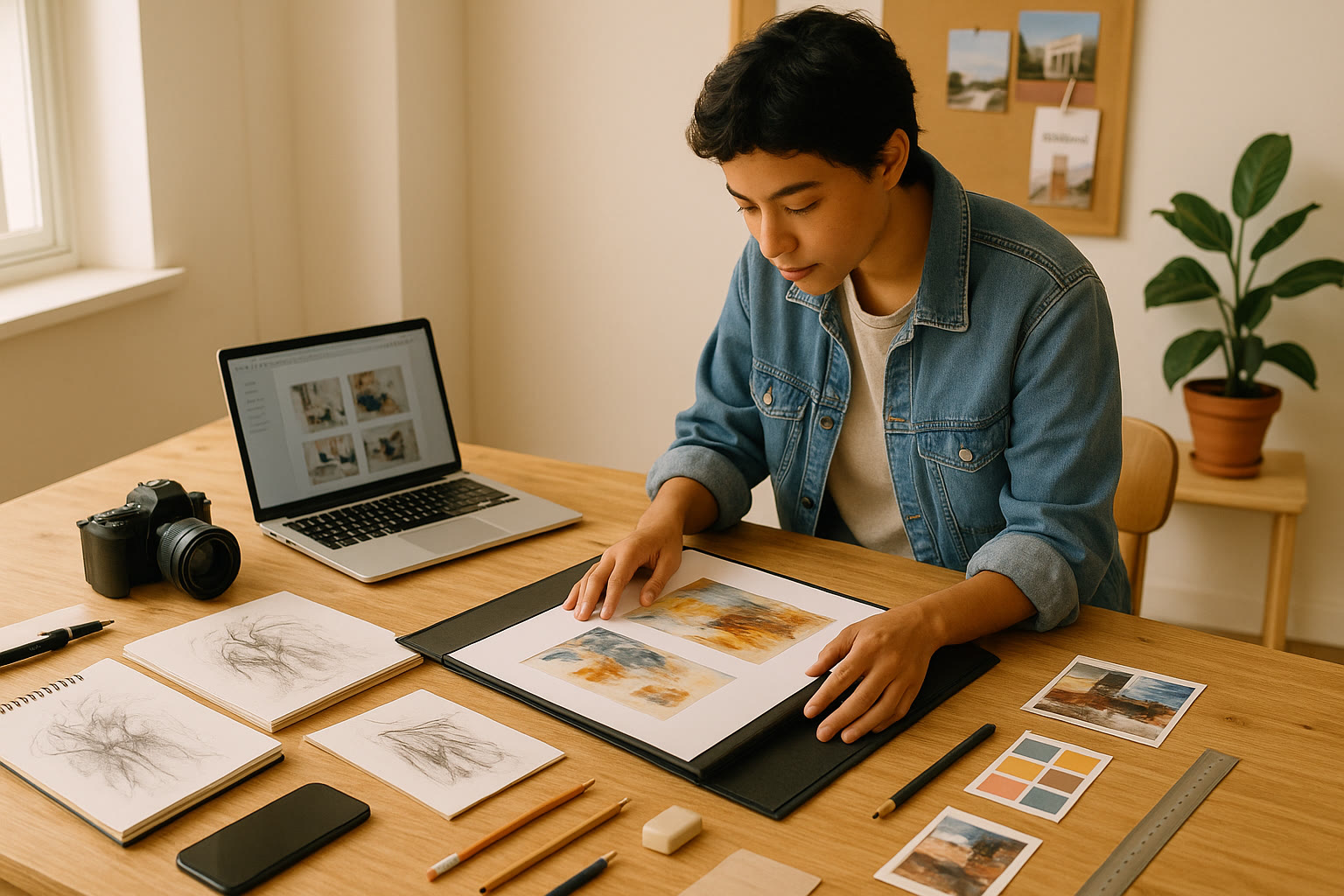 Photo Idea : A student in a bright studio arranging a portfolio; tools like sketchbooks, camera, and laptop visible, conveying creativity and college preparation.