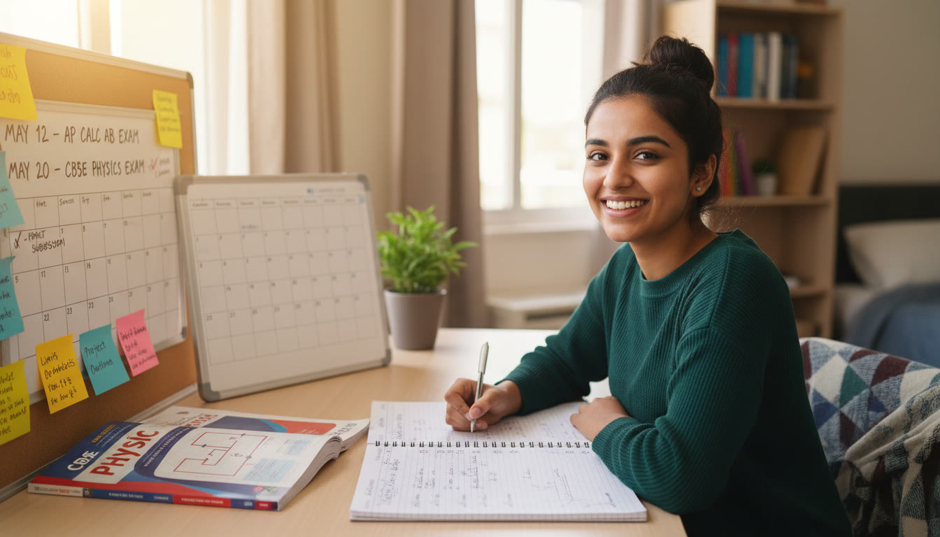 Photo Idea : A bright, upbeat photo of a student at a desk with a CBSE textbook open on one side and AP practice problems on the other, pen poised, calendar and notes visible — showing the idea of bridging two curricula.