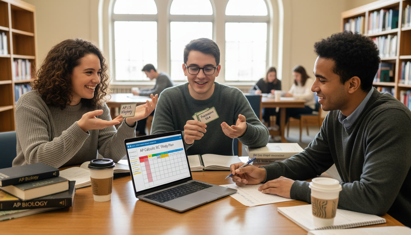 Photo Idea : A small group study session in the library: two students quizzing one another, a tutor reviewing a practice FRQ with a laptop open to a study plan. This image fits the latter part of the article where collaboration and tutoring are discussed.