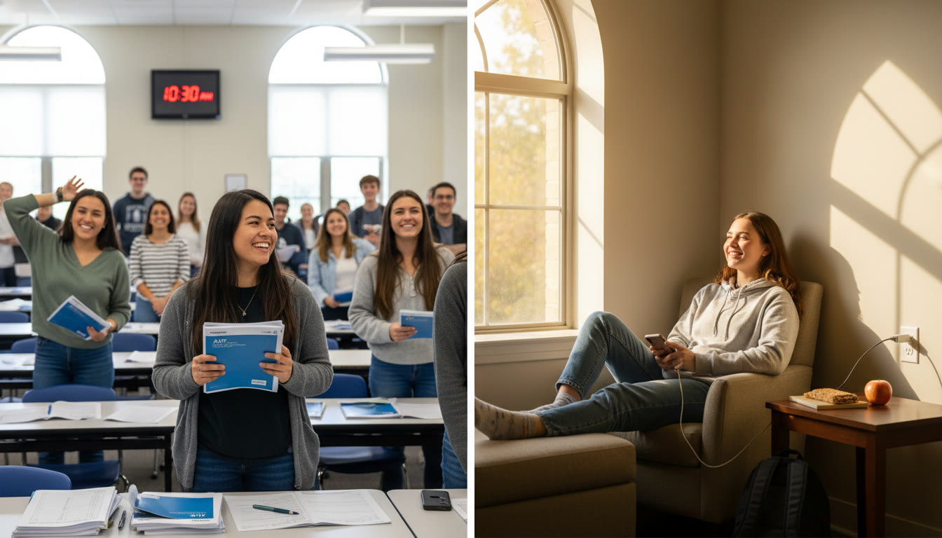 Photo Idea : Split-image concept showing a student moving from a morning exam room (left) to a quiet hallway recharge spot with a snack and charger (right). Emphasizes transition and recovery.