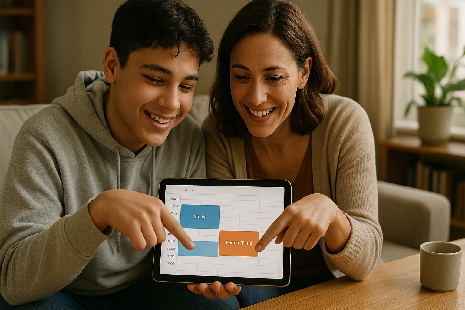 Photo Idea : A teenager and a parent looking at a shared calendar on a tablet, smiling and pointing to scheduled study and family times.